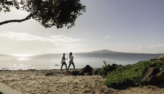 Women on a morning beach walk